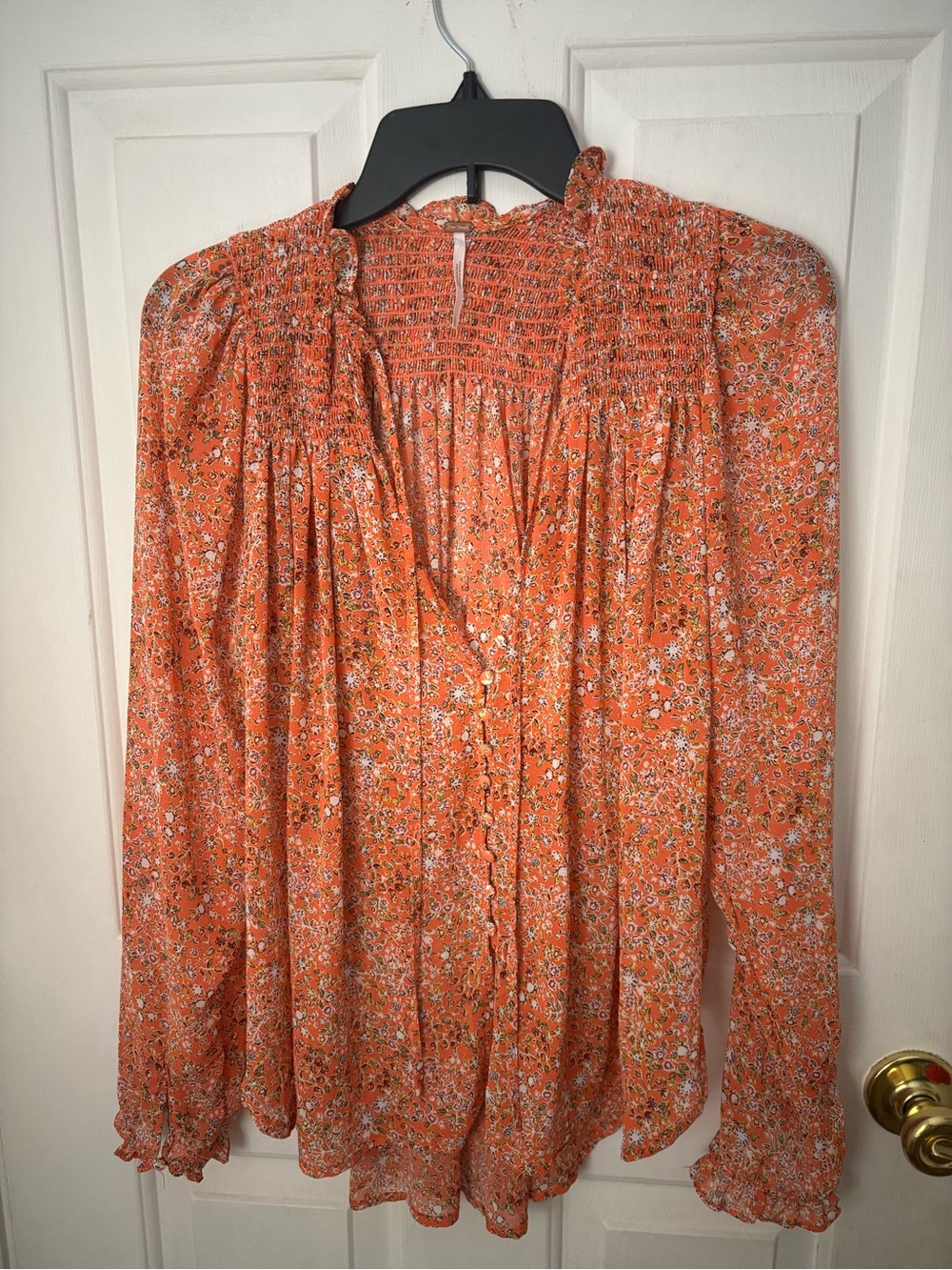 Free People Orange Floral Smocked Yoke Blouse